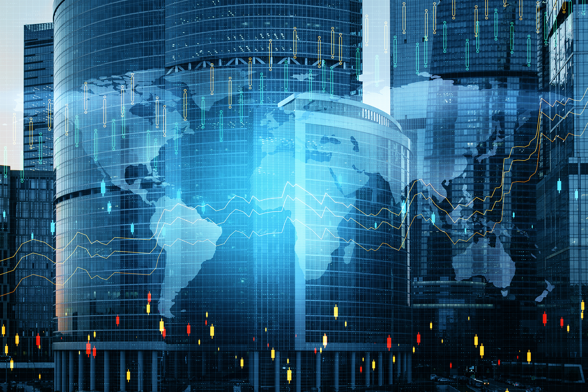 Digital countries over city buildings